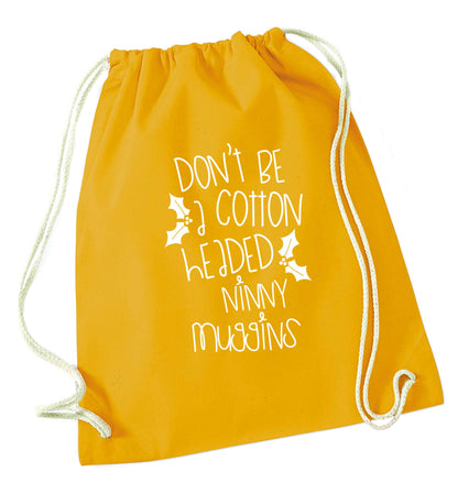 Too Late to be Good mustard drawstring bag