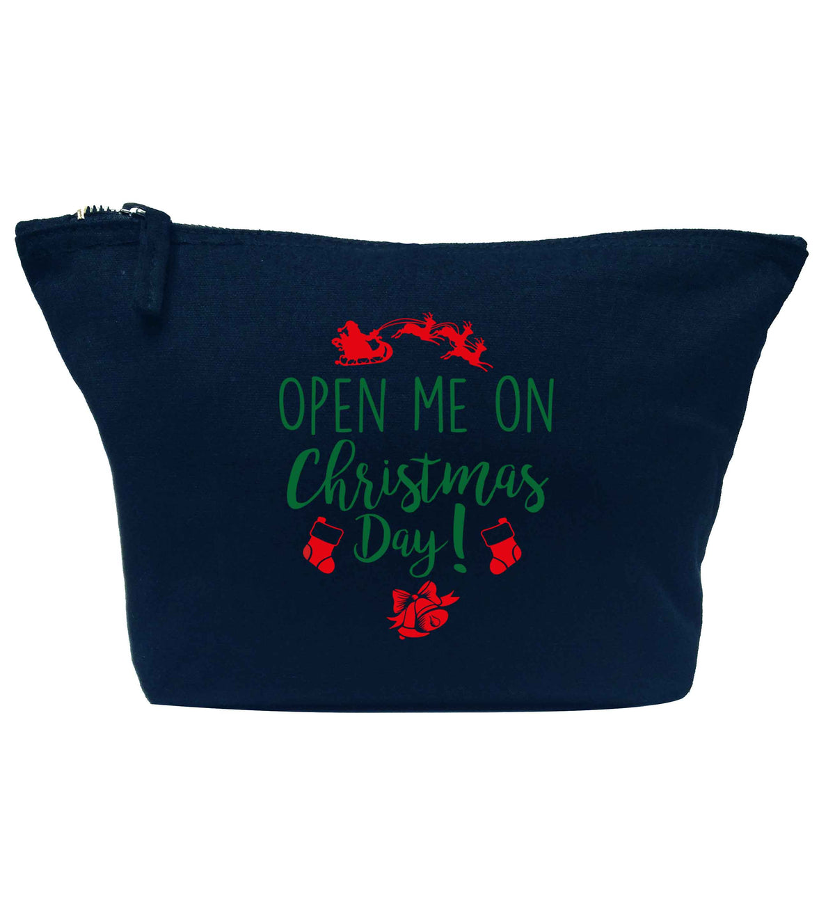 Open me on Christmas Day navy makeup bag