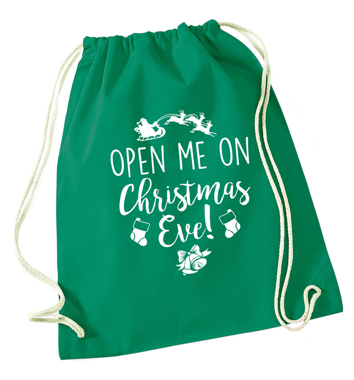 Open me on Christmas Day green drawstring bag