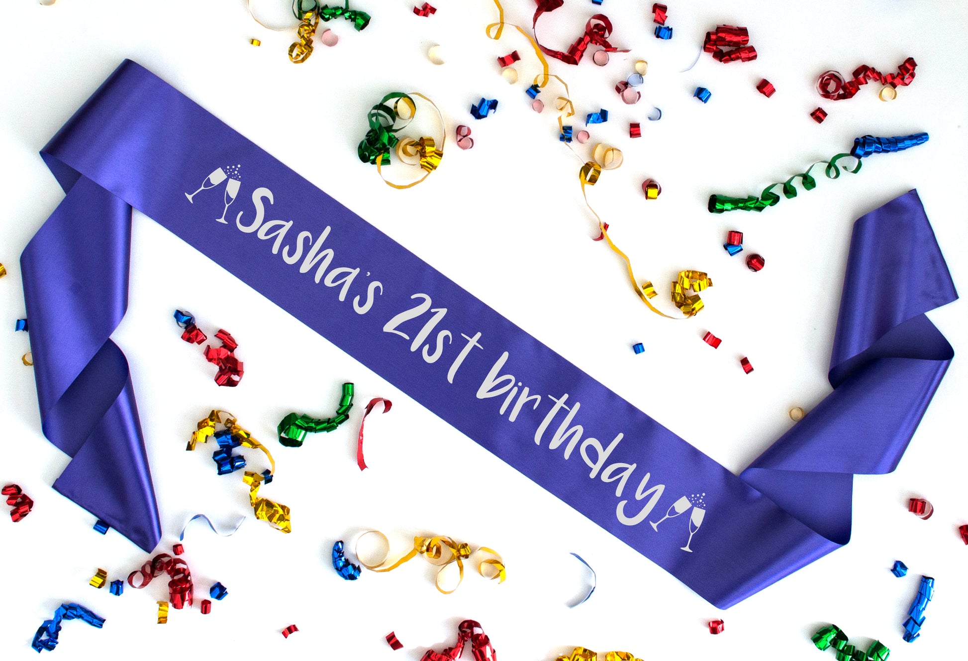 Custom name and birthday purple sash metallic silver text