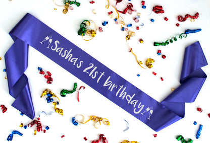Custom name and birthday purple sash metallic silver text