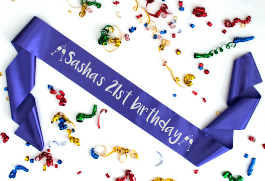 Custom name and birthday purple sash metallic silver text