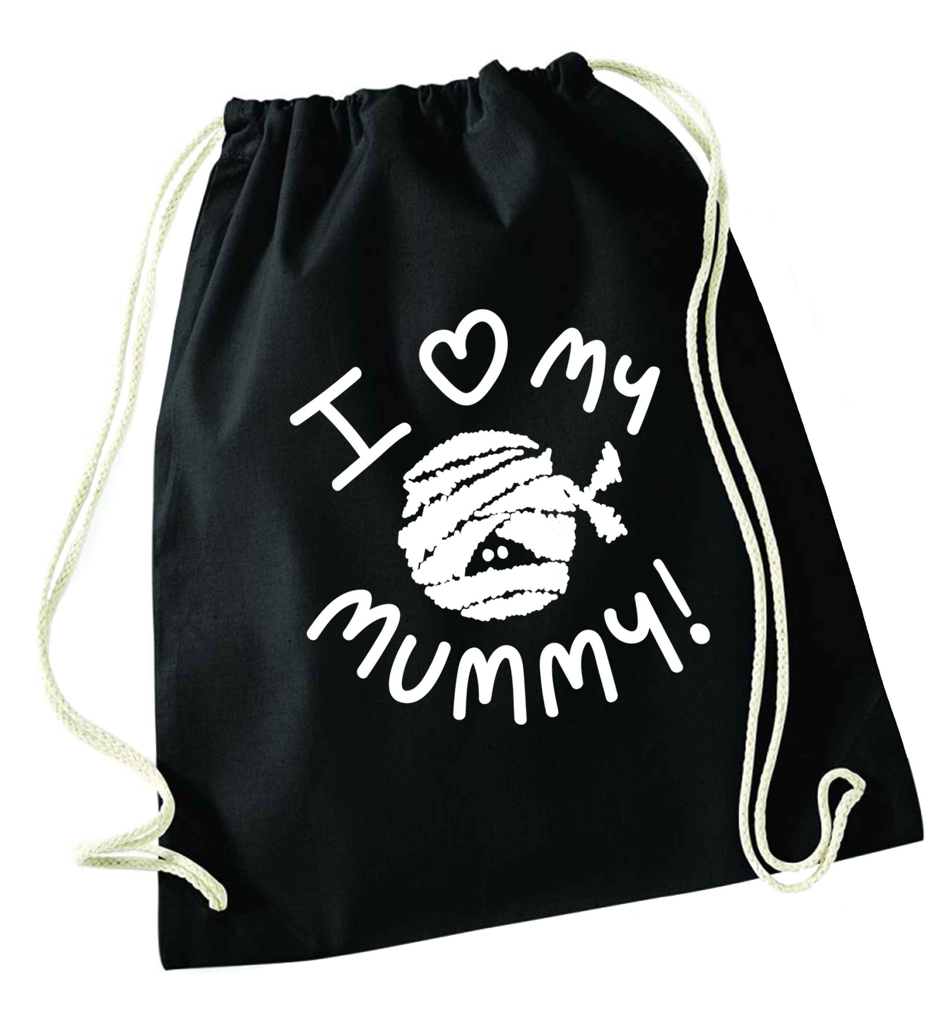I love my mummy halloween pun black drawstring bag