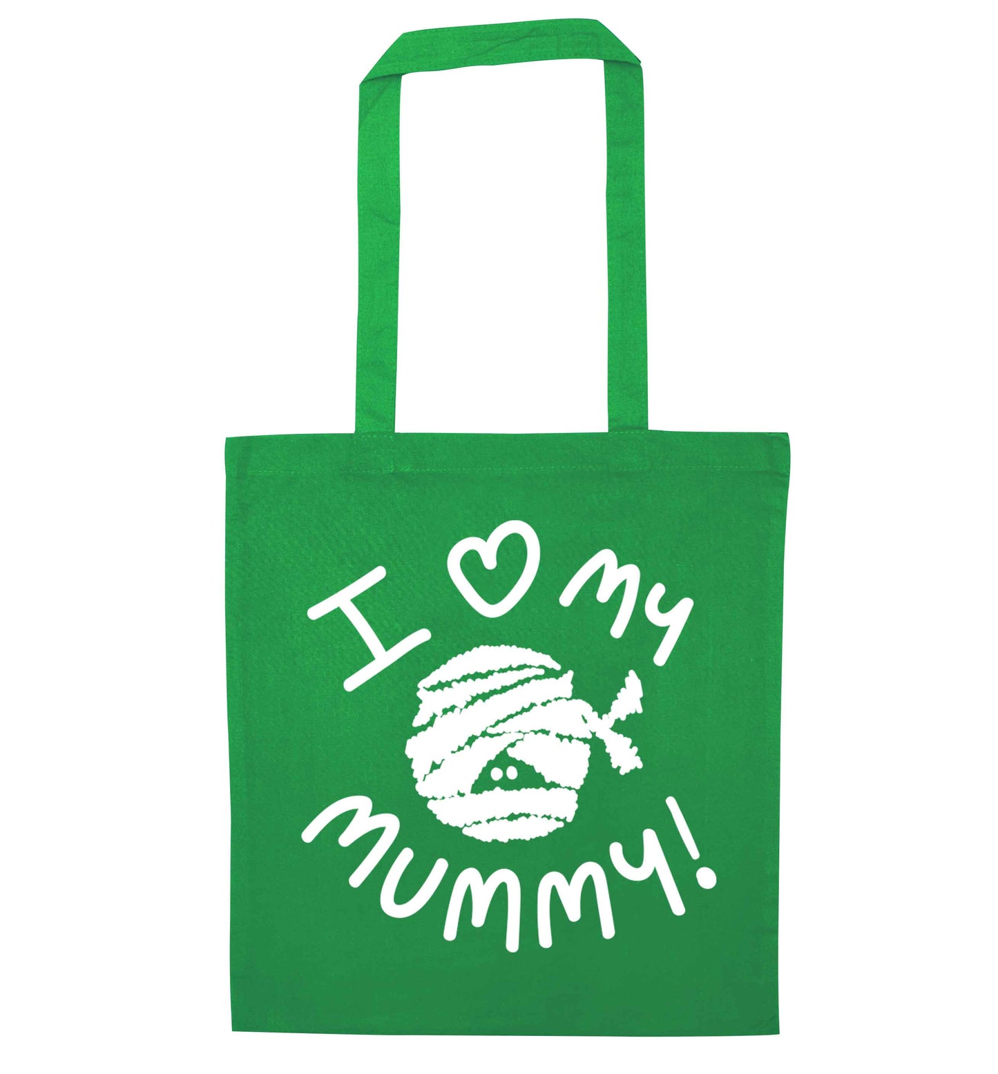 I love my mummy halloween pun green tote bag