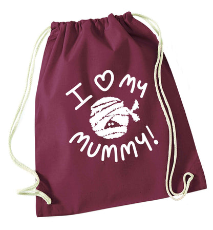 I love my mummy halloween pun maroon drawstring bag