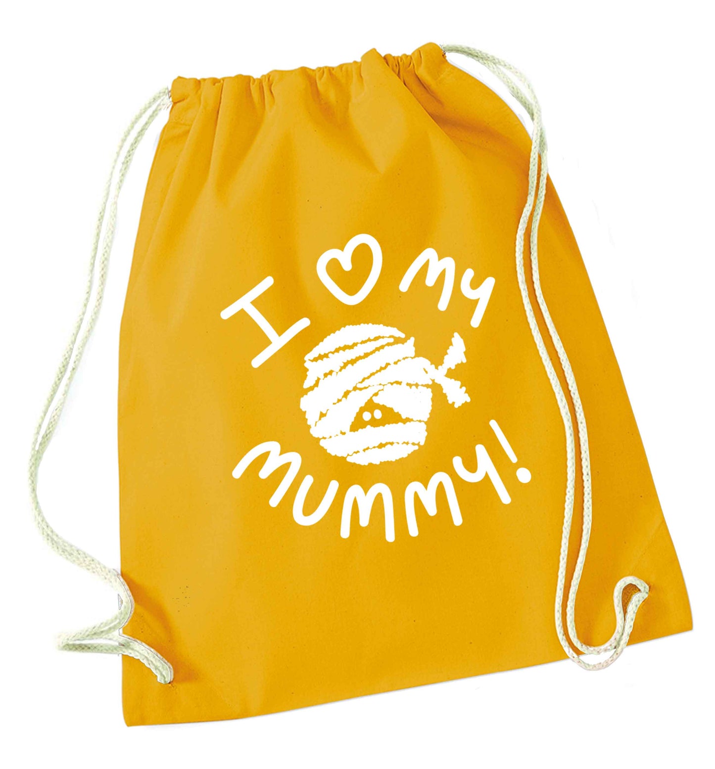 I love my mummy halloween pun mustard drawstring bag
