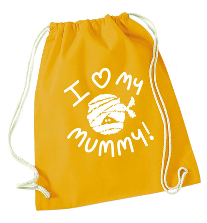 I love my mummy halloween pun mustard drawstring bag