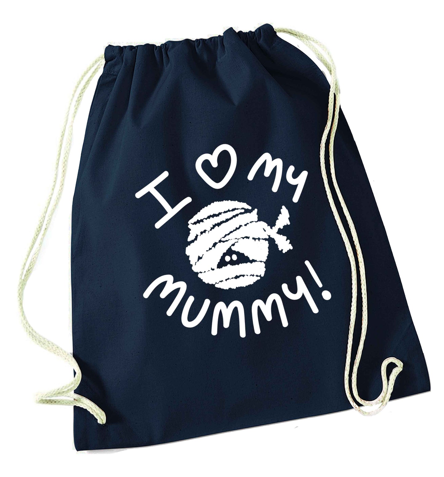 I love my mummy halloween pun navy drawstring bag