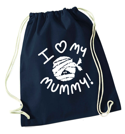 I love my mummy halloween pun navy drawstring bag
