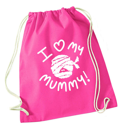 I love my mummy halloween pun pink drawstring bag