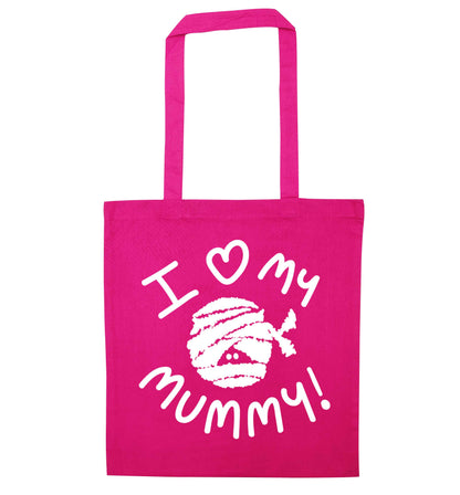 I love my mummy halloween pun pink tote bag