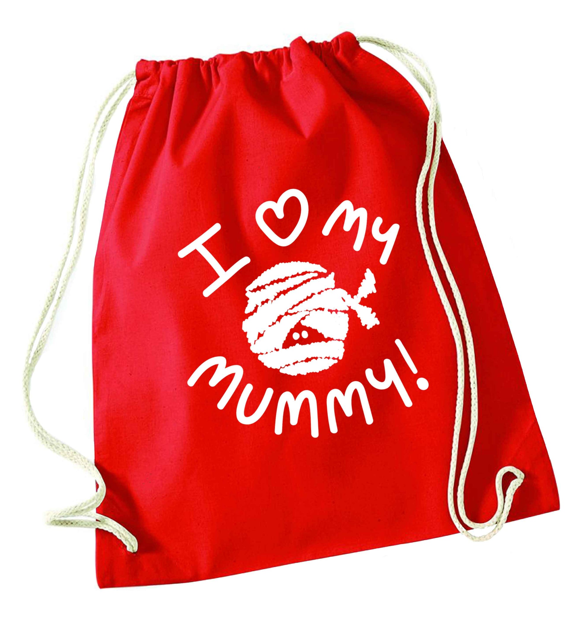 I love my mummy halloween pun red drawstring bag 