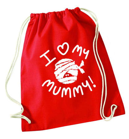 I love my mummy halloween pun red drawstring bag 
