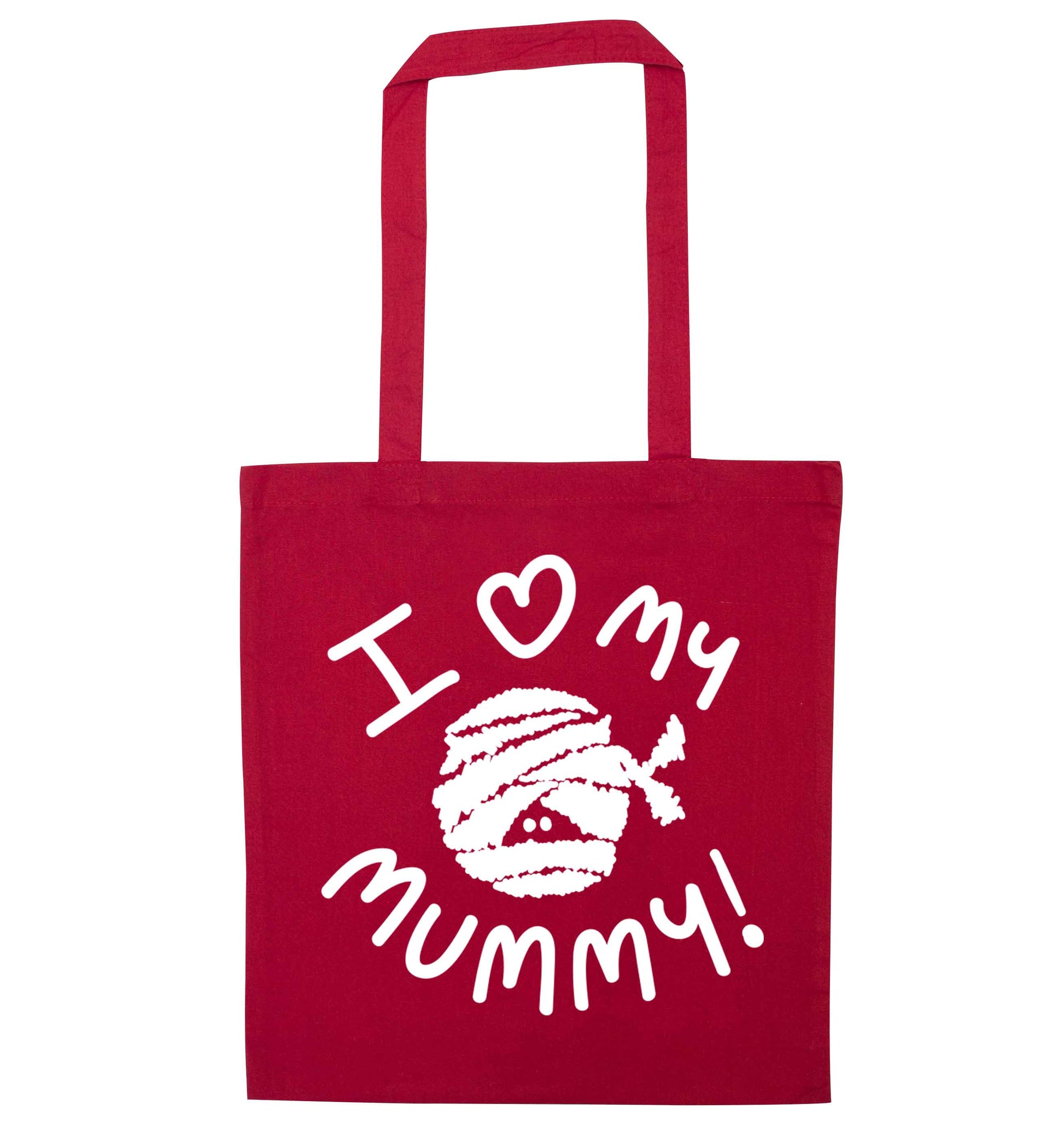 I love my mummy halloween pun red tote bag