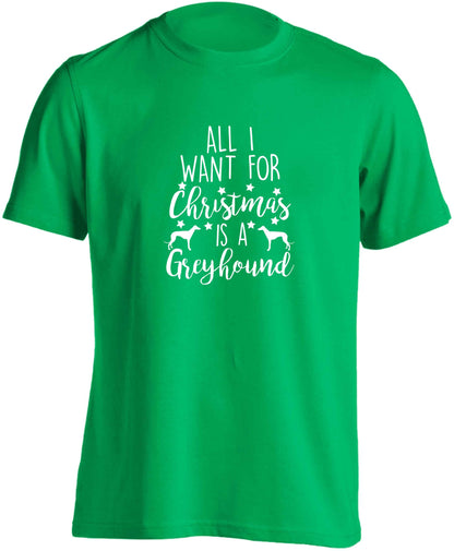 All I want for Christmas is a greyhound adults unisex green Tshirt 2XL