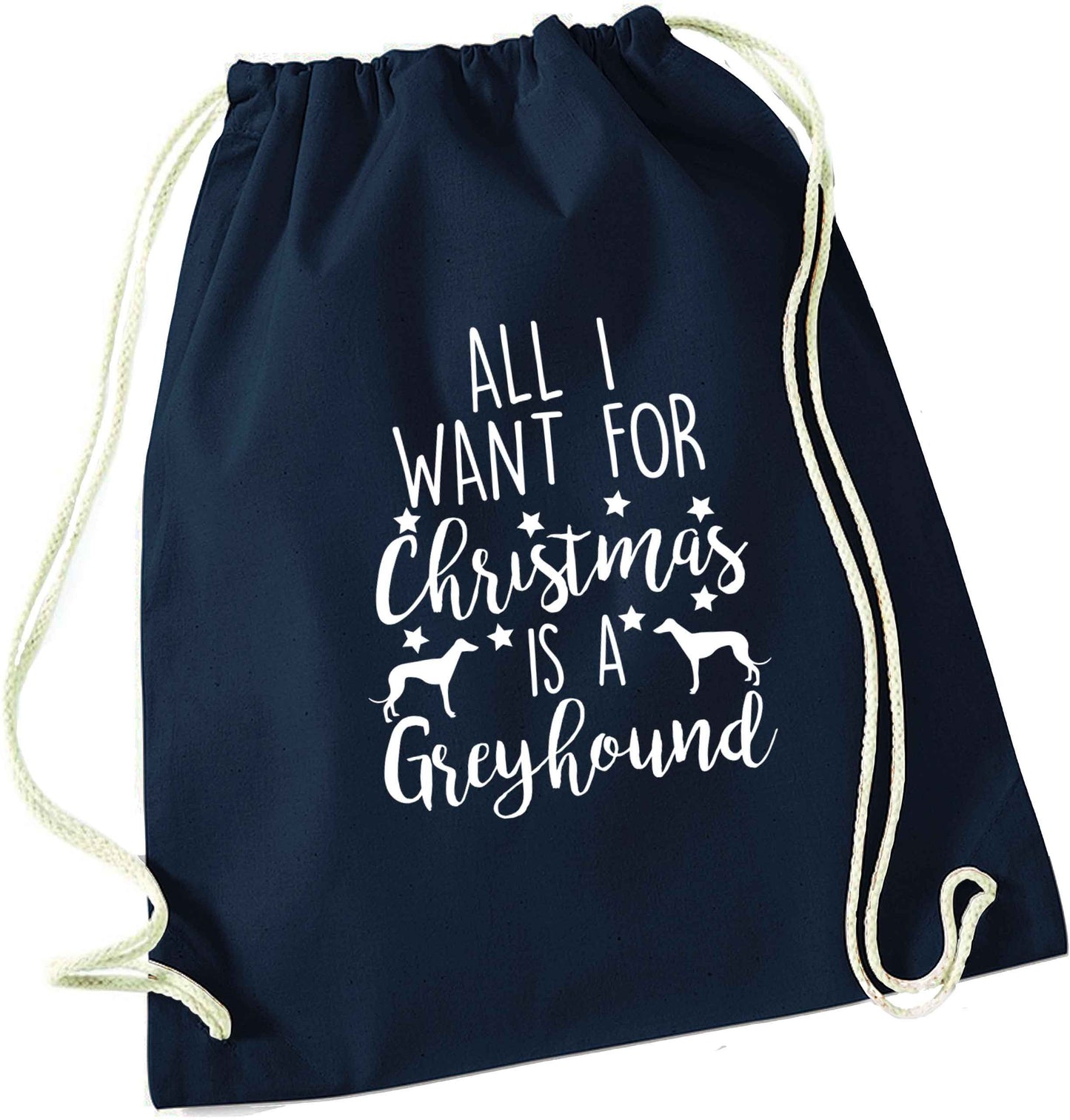 All I want for Christmas is a greyhound navy drawstring bag