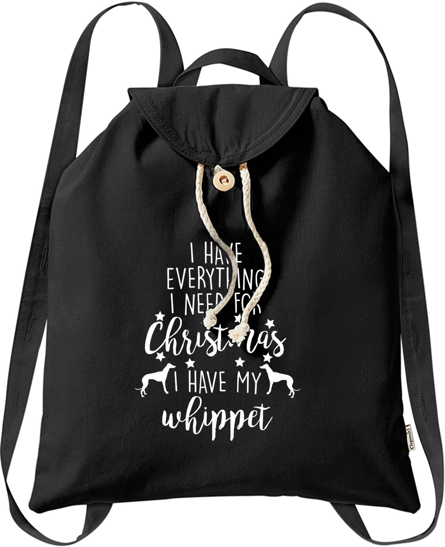 I have everything I need for Christmas I have my whippet organic cotton backpack tote with wooden buttons in black