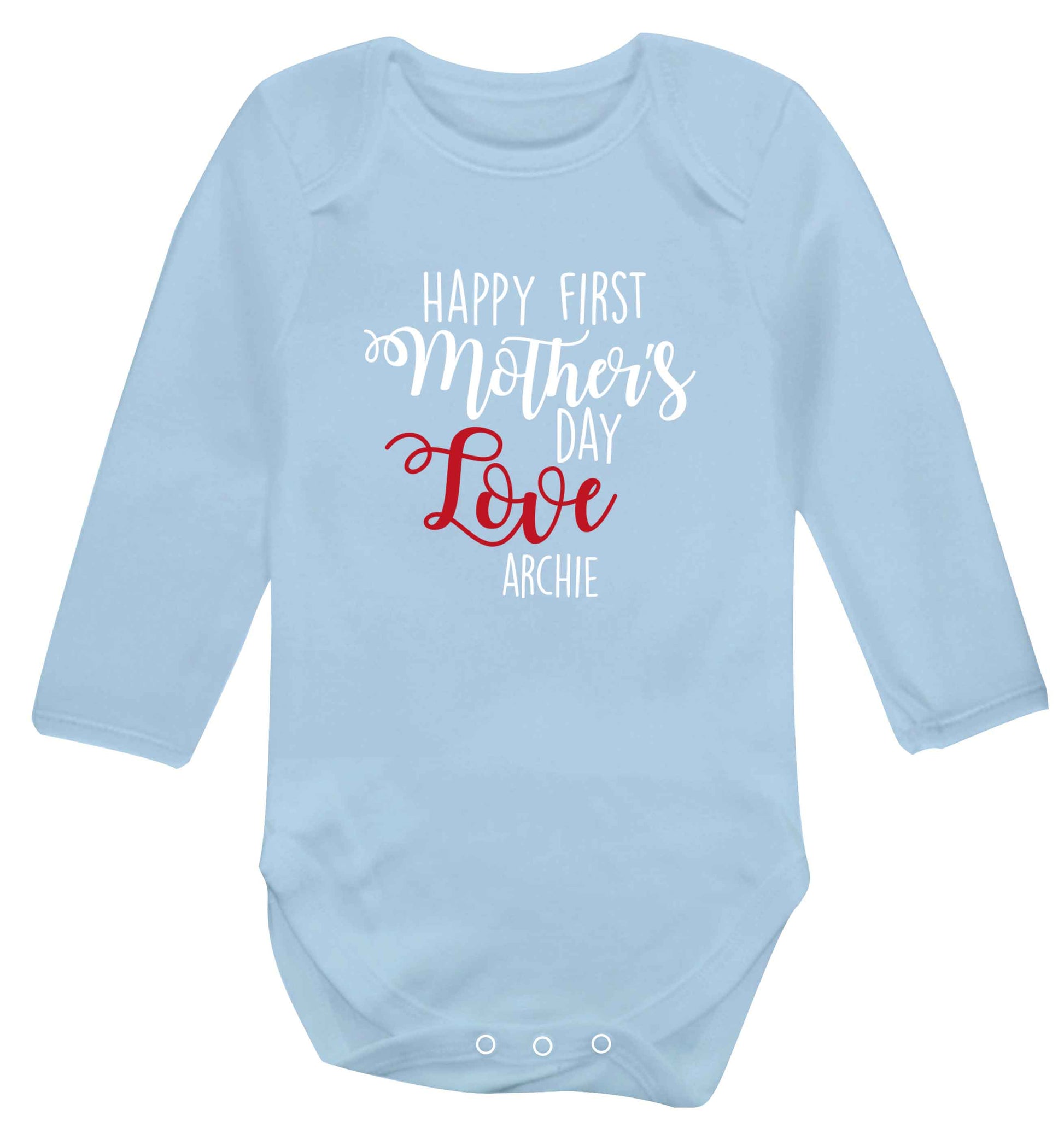 Personalised happy first mother's day love baby vest long sleeved pale blue 6-12 months