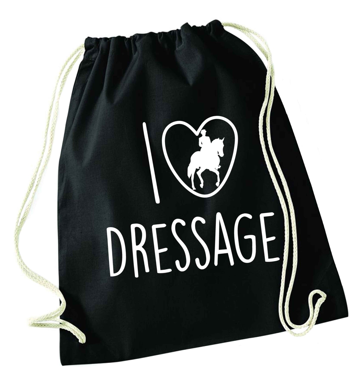 I love dressage black drawstring bag