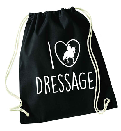 I love dressage black drawstring bag