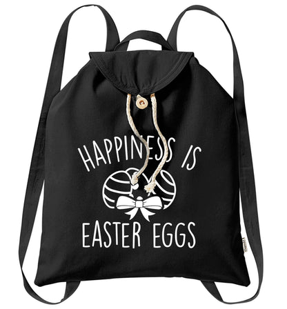 Happiness is Easter eggs organic cotton backpack tote with wooden buttons in black