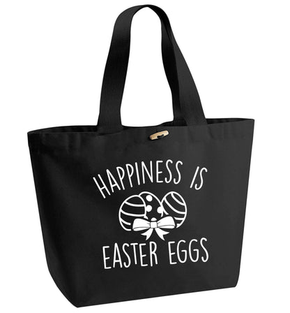 Happiness is Easter eggs organic cotton premium tote bag with wooden toggle in black