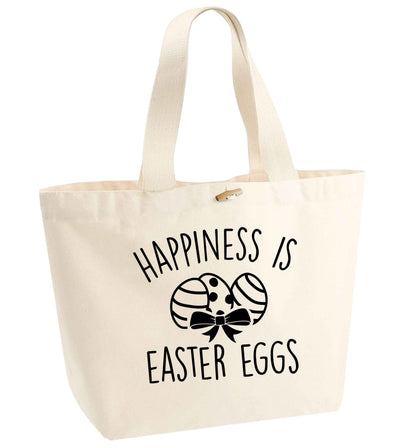 Happiness is Easter eggs organic cotton premium tote bag with wooden toggle in natural