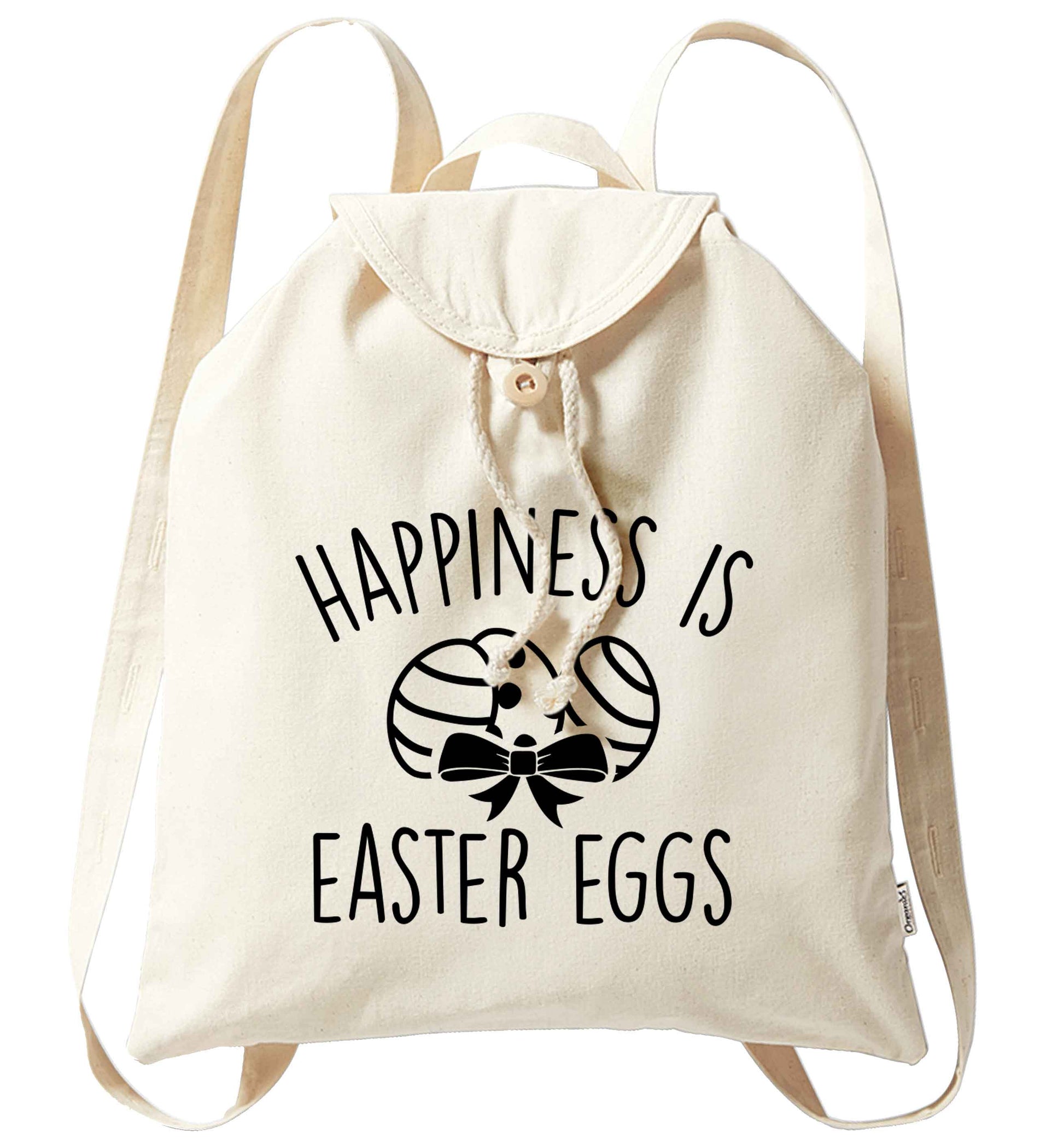 Happiness is Easter eggs organic cotton backpack tote with wooden buttons in natural
