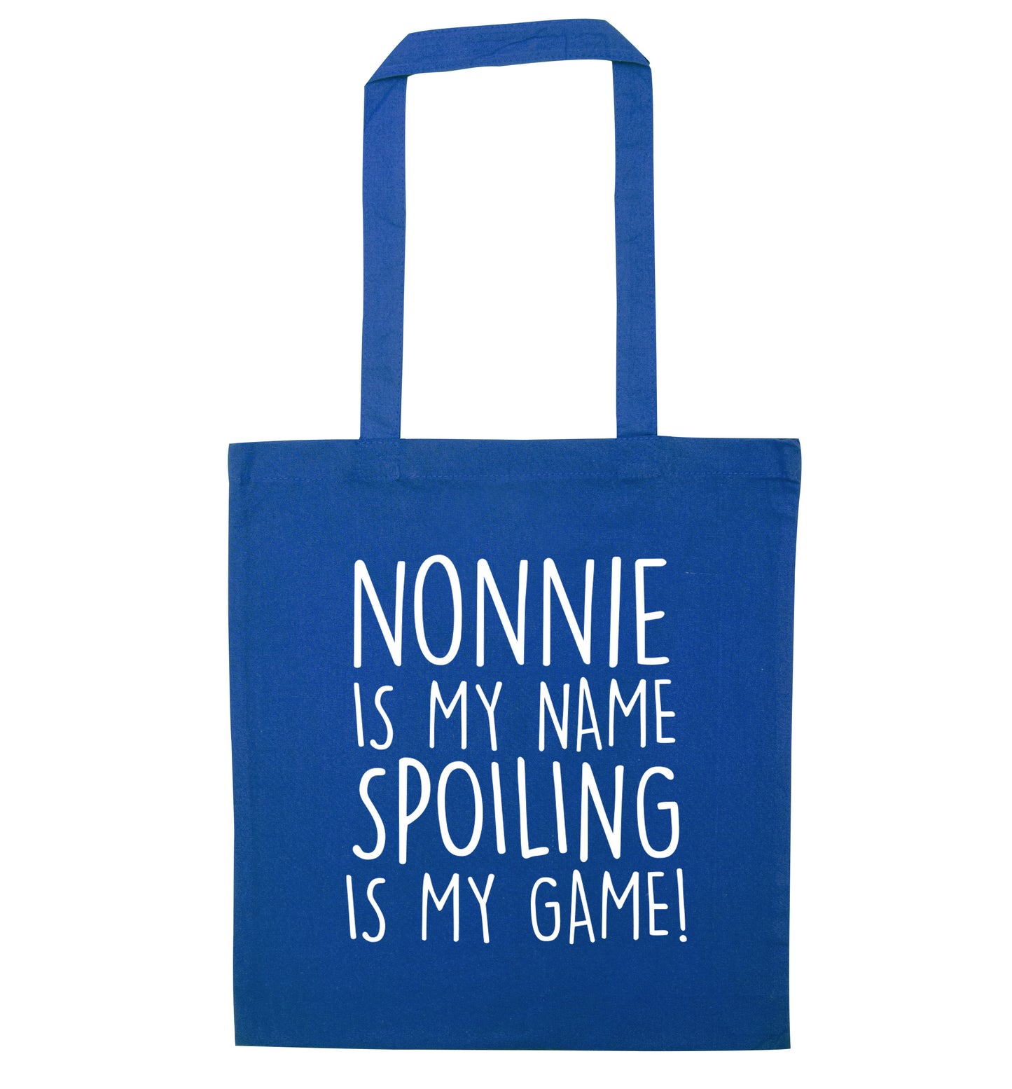Nonnie is my name, spoiling is my game blue tote bag