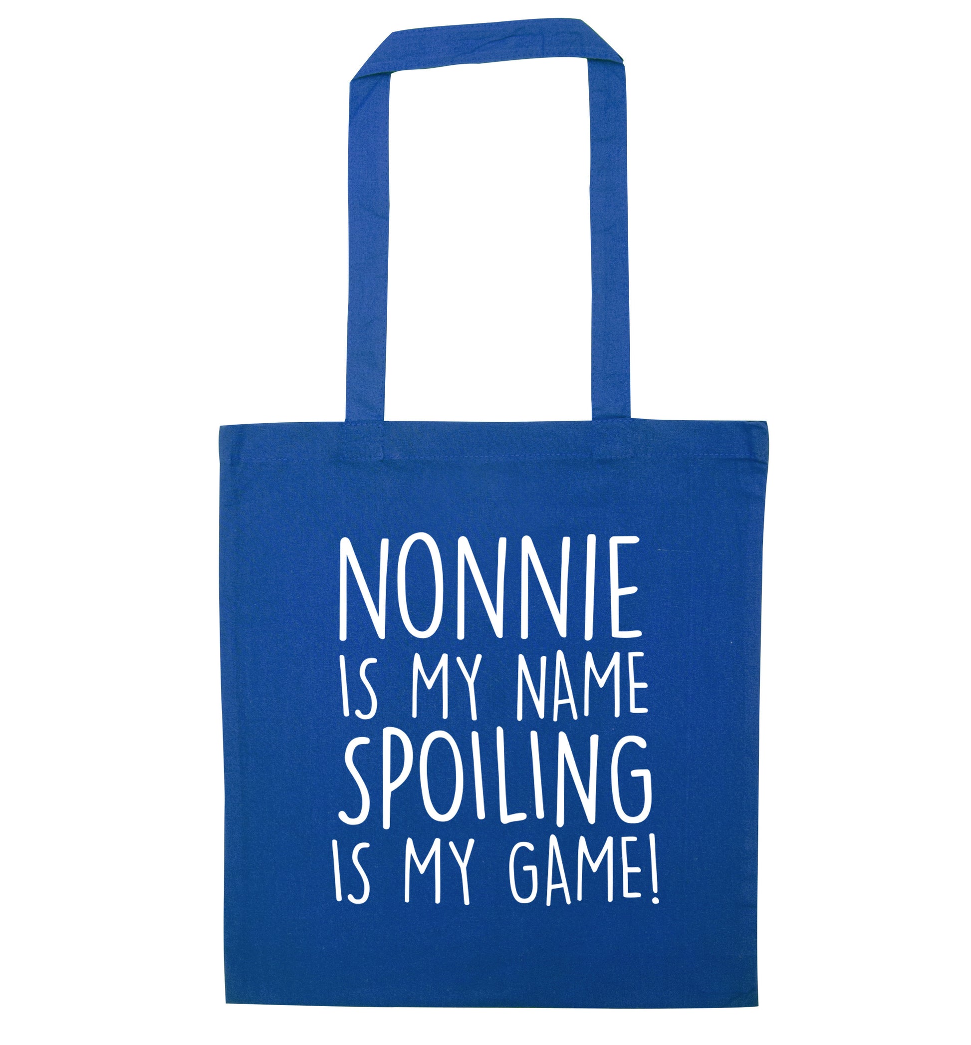 Nonnie is my name, spoiling is my game blue tote bag