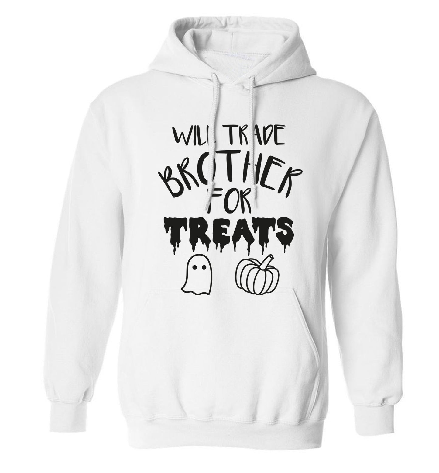 Will trade brother for treats adults unisex white hoodie 2XL