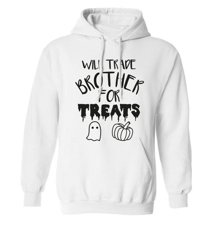 Will trade brother for treats adults unisex white hoodie 2XL