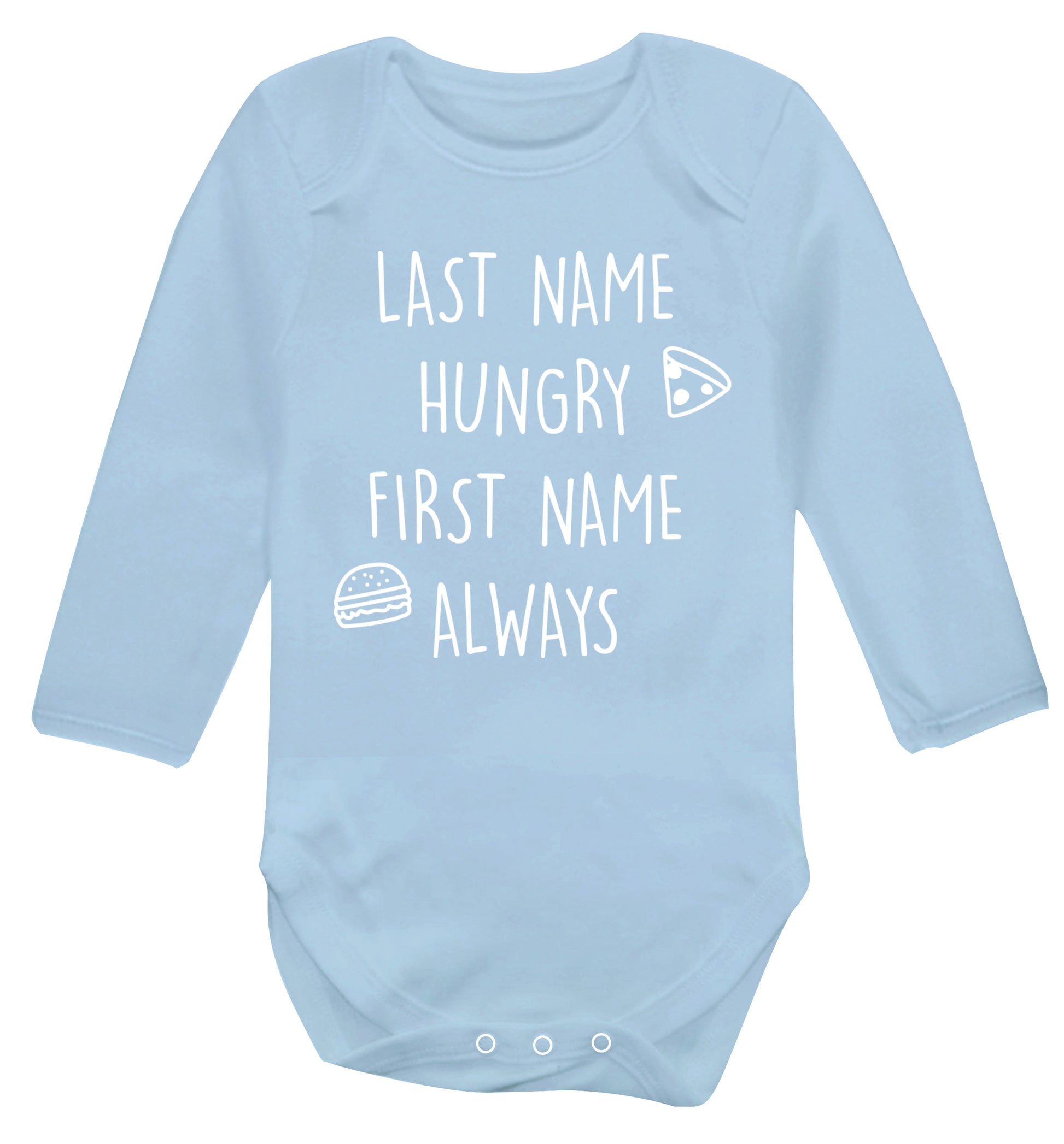 First name hungry, last name always Baby Vest long sleeved pale blue 6-12 months