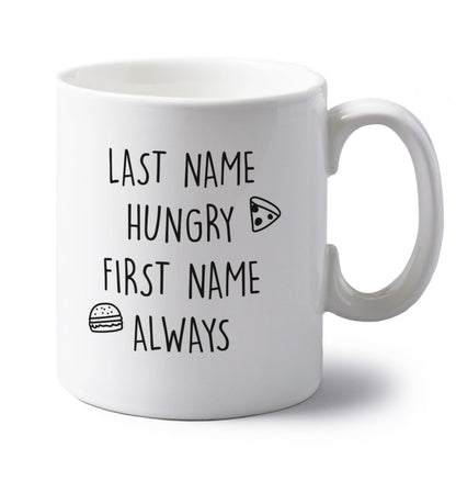 First name hungry, last name always left handed white ceramic mug 