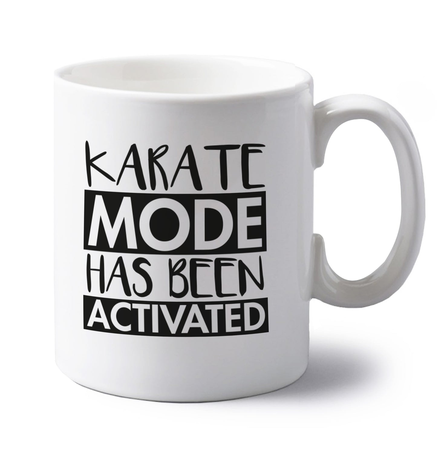 Karate mode activated left handed white ceramic mug 