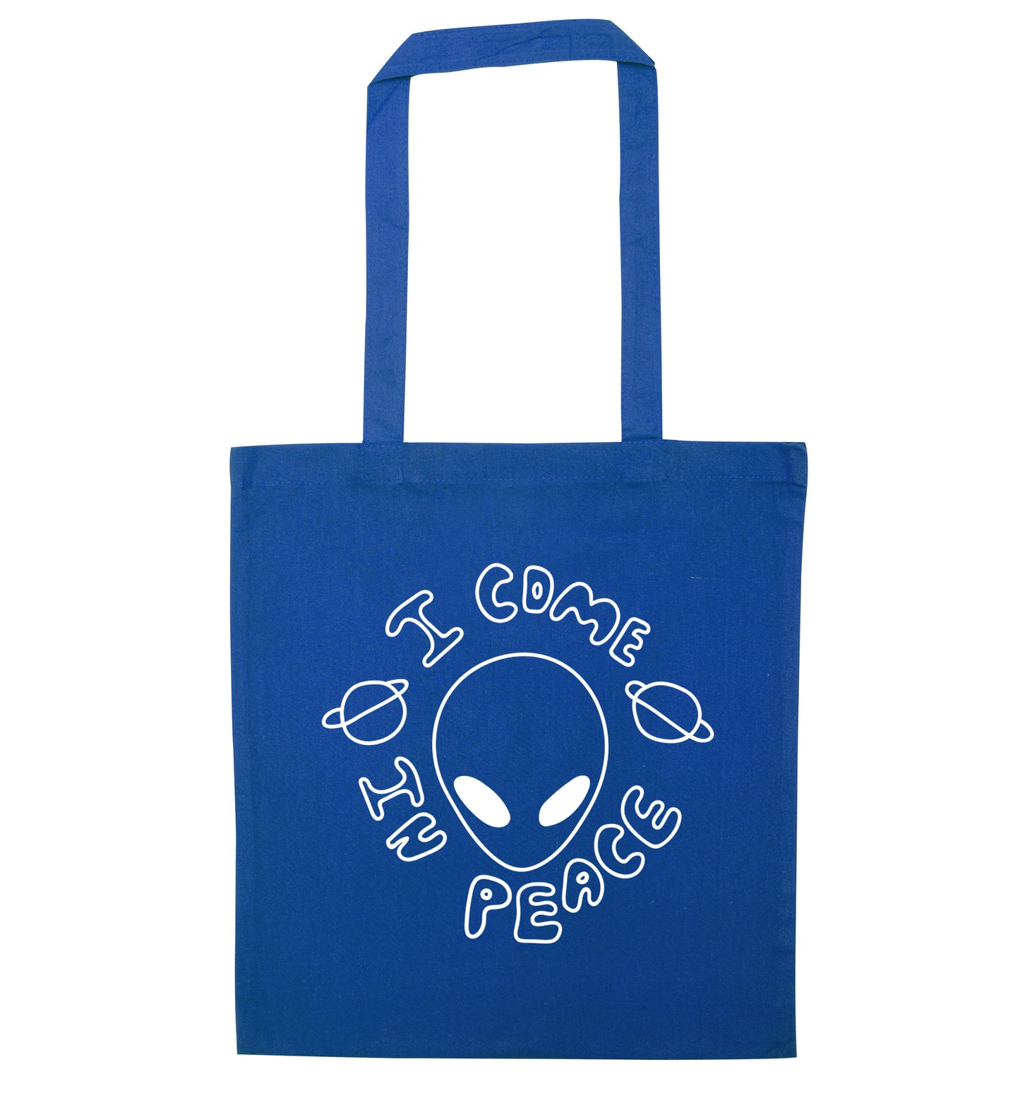 I come in peace blue tote bag