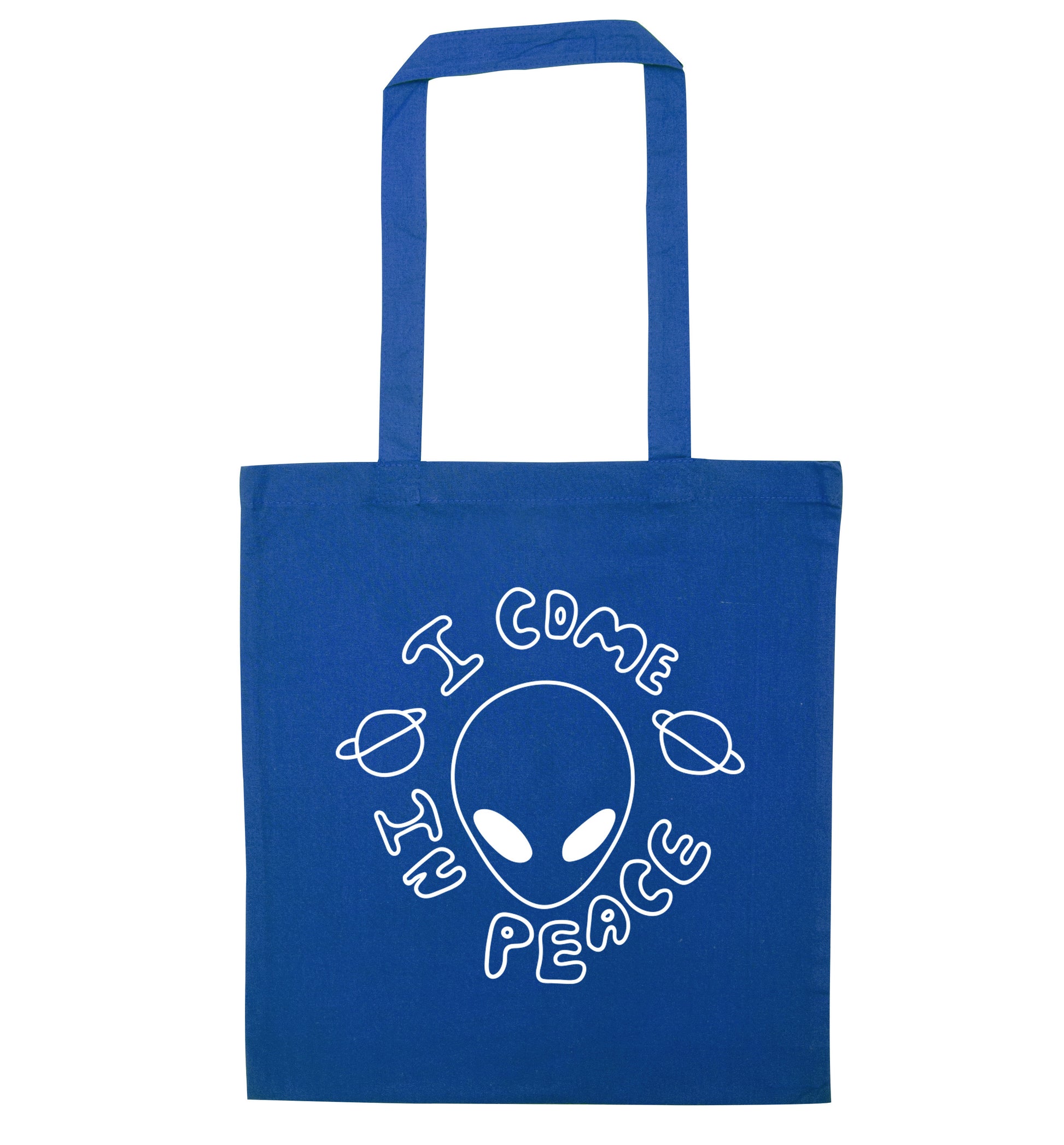 I come in peace blue tote bag