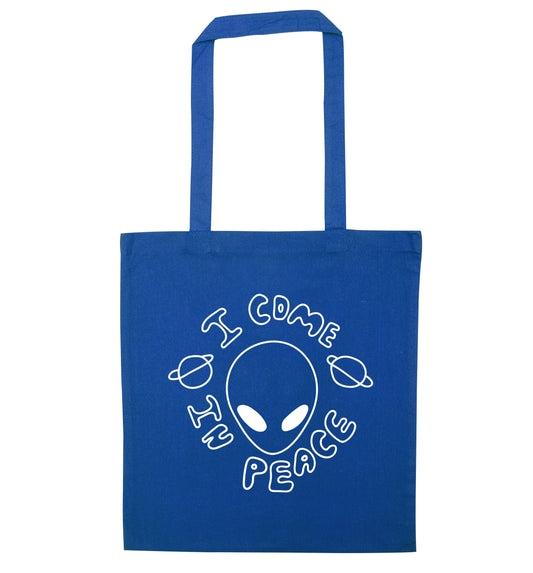 I come in peace blue tote bag