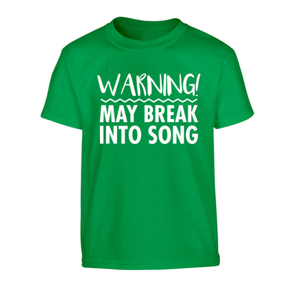 Warning may break into song Children's green Tshirt 12-14 Years