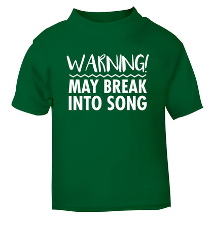 Warning may break into song green Baby Toddler Tshirt 2 Years
