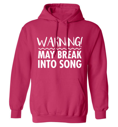 Warning may break into song adults unisex pink hoodie 2XL