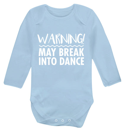Warning may break into dance Baby Vest long sleeved pale blue 6-12 months