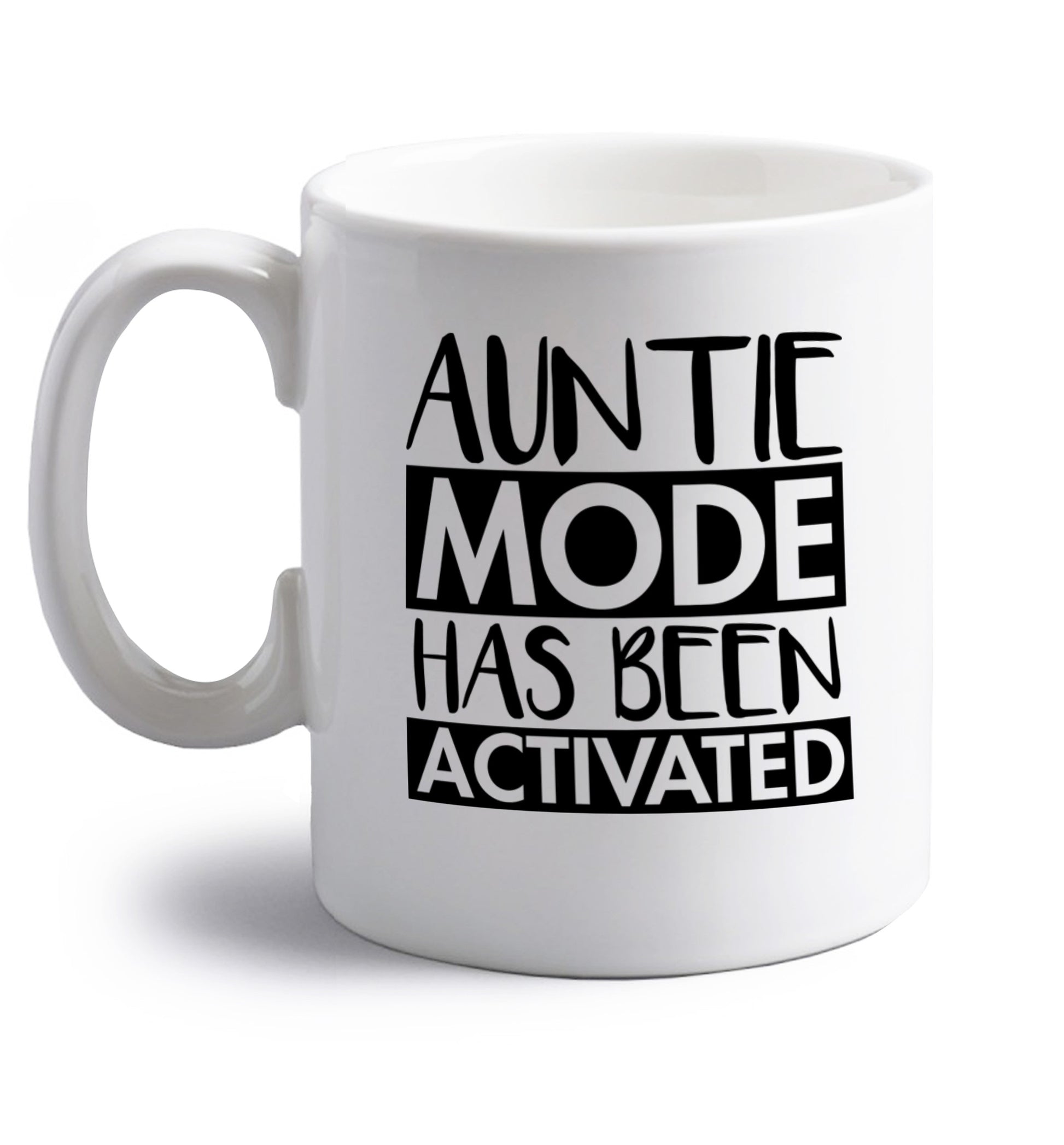Auntie mode activated right handed white ceramic mug 