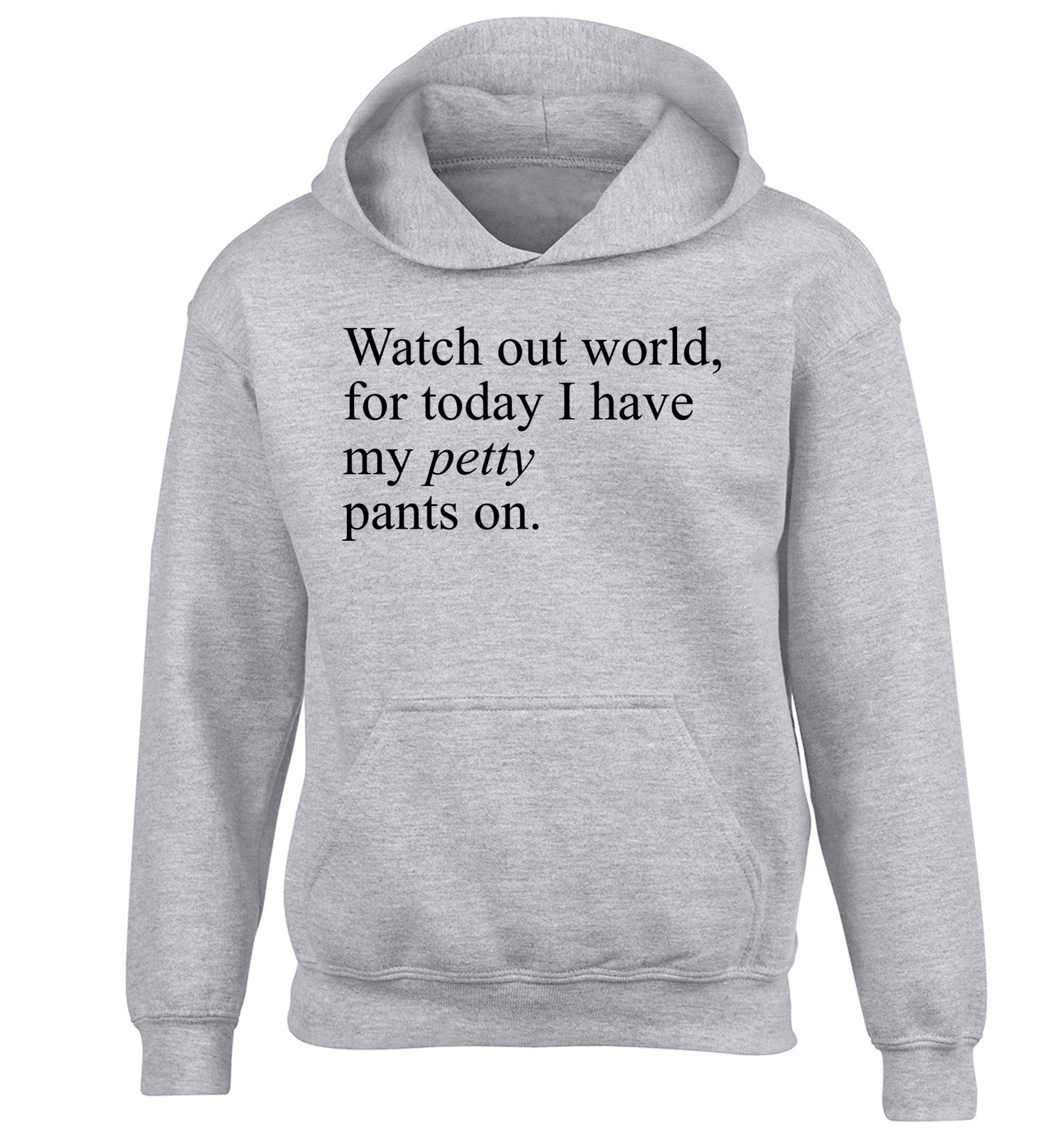 Watch out world, for today I have my petty pants on children's grey hoodie 12-14 Years
