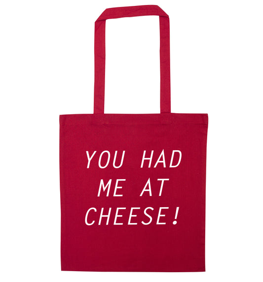 You had me at cheese red tote bag