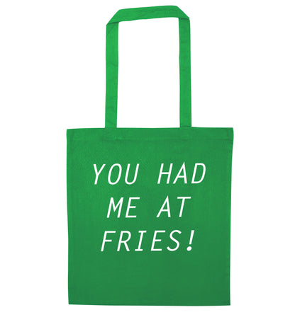 You had me at fries green tote bag