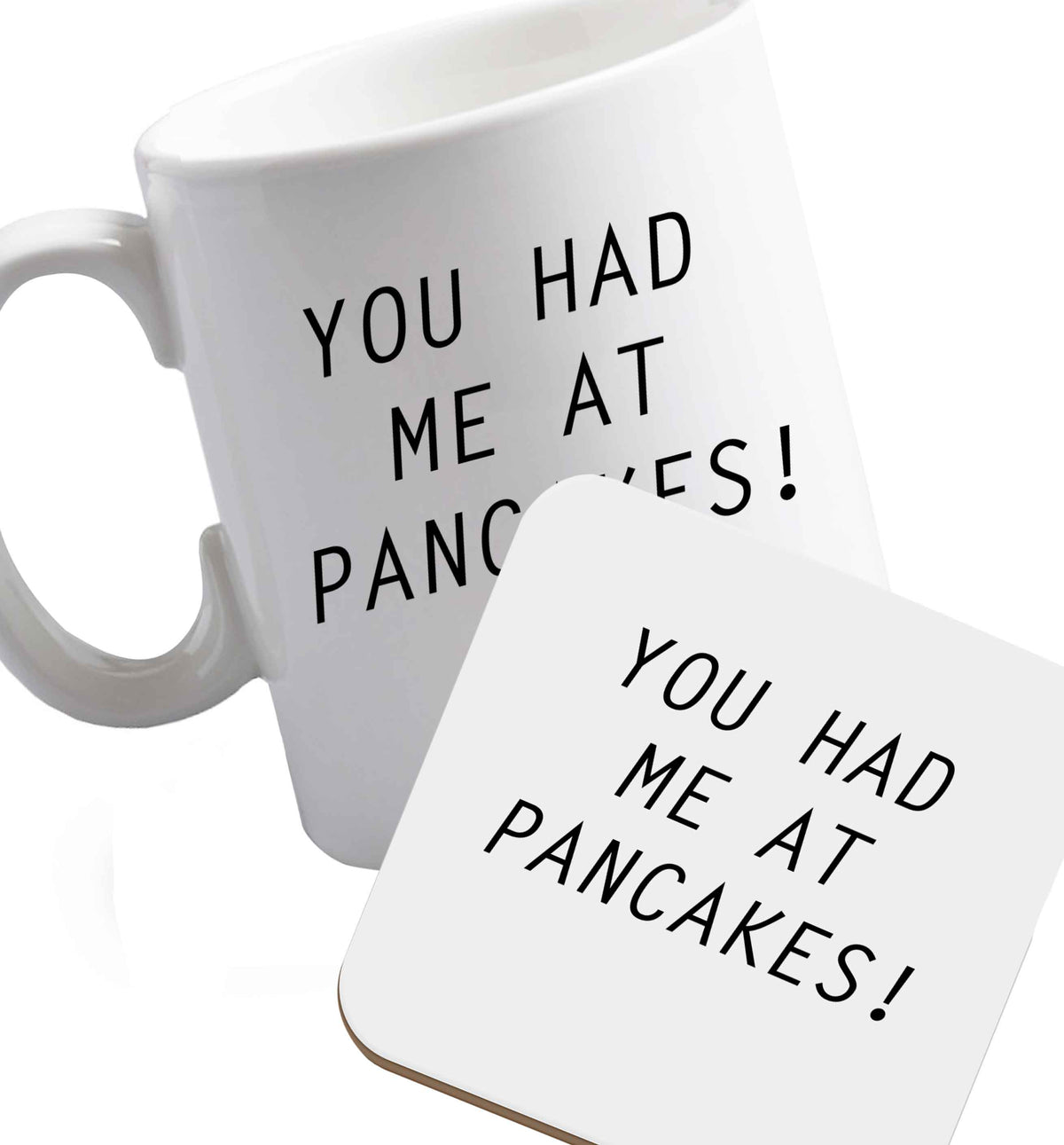 10 oz Favourite Type Pan Pancake ceramic mug and coaster set right handed
