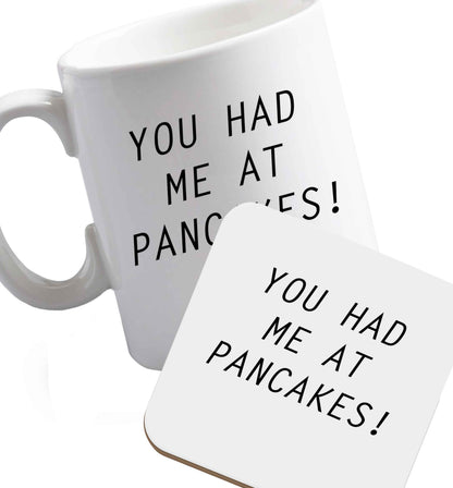 10 oz Favourite Type Pan Pancake ceramic mug and coaster set right handed