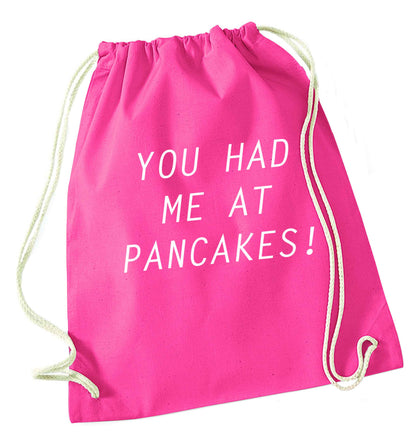 You had me at pancakes pink drawstring bag