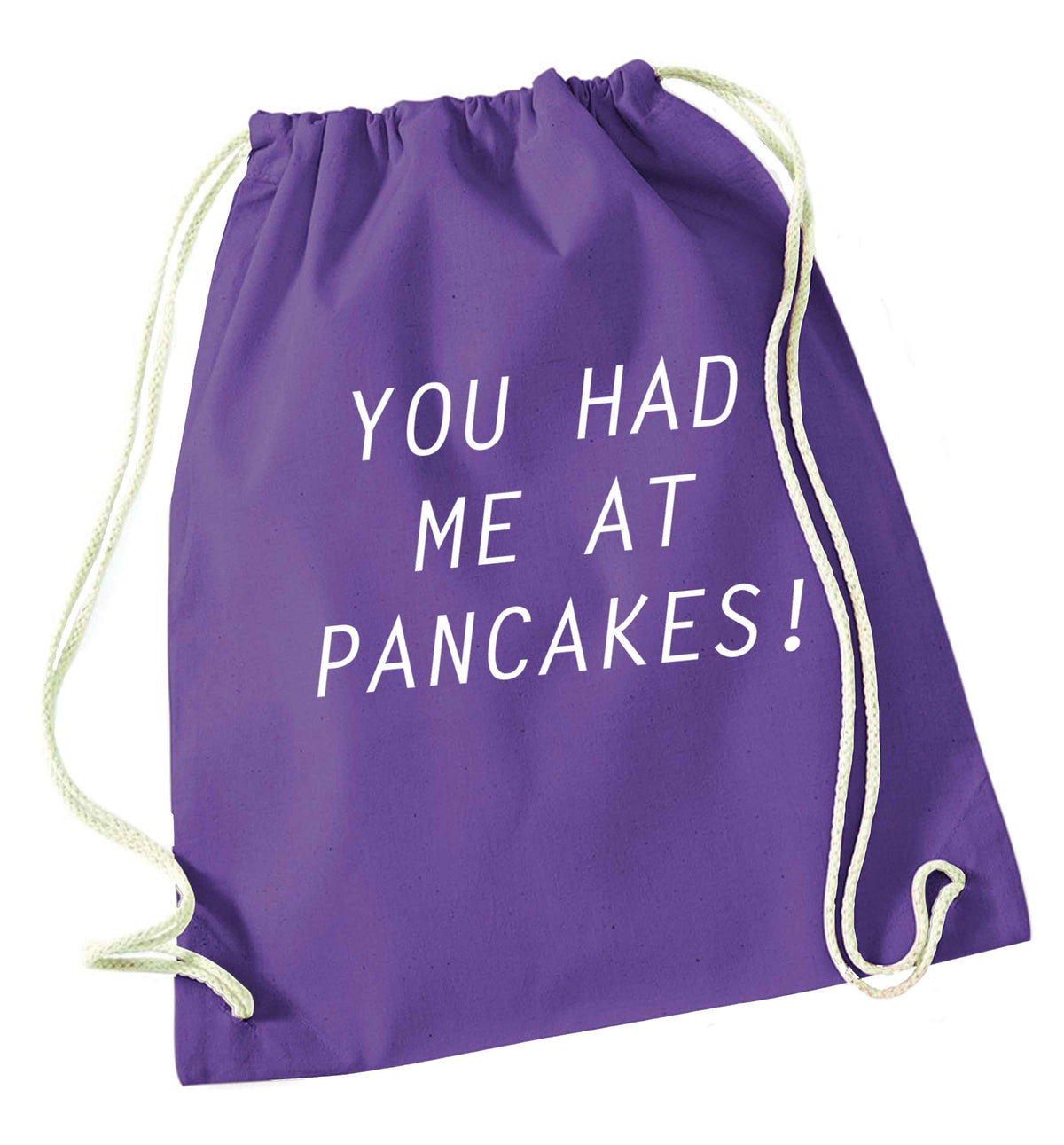 You had me at pancakes purple drawstring bag